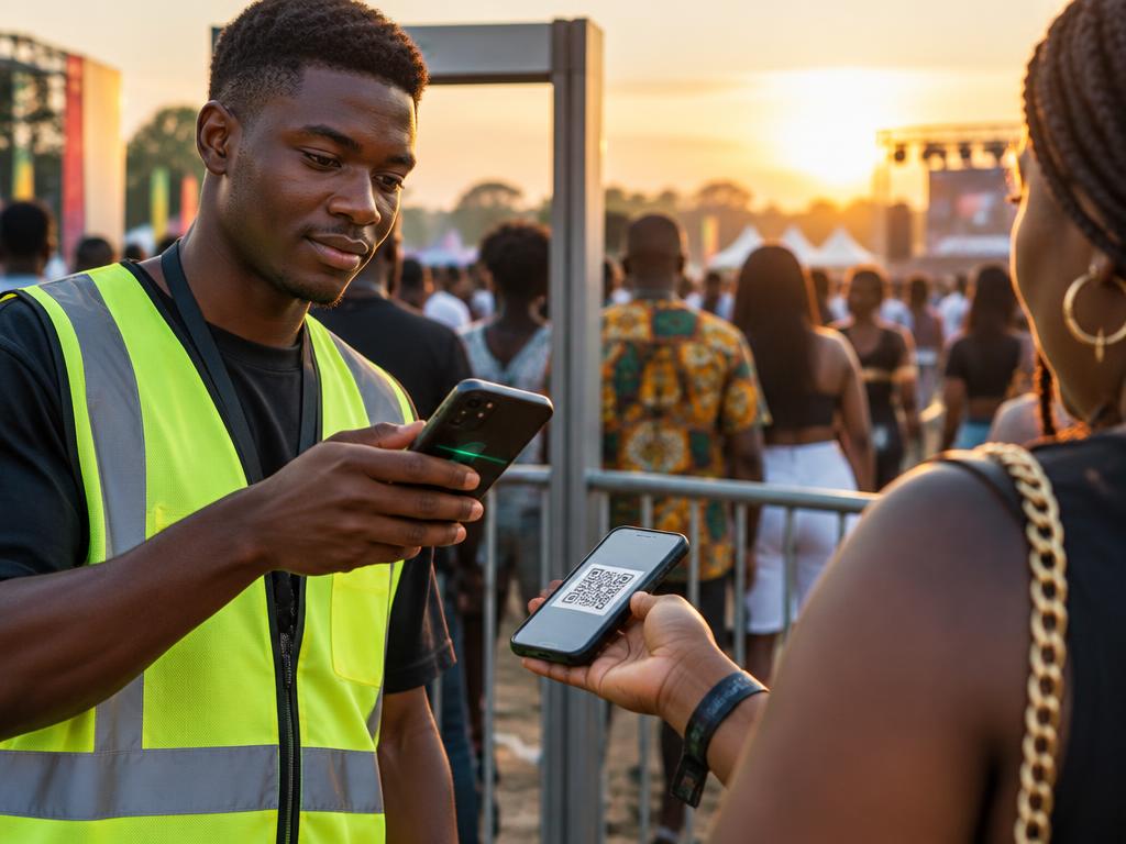 Gate staff scanning a guest's QR ticket at a festival